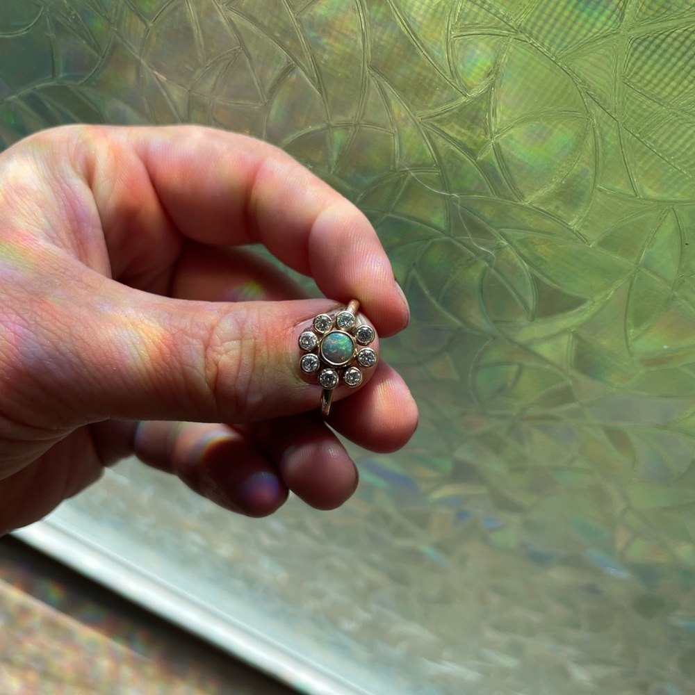 14k yellow gold daisy opal/ Diamond ring by deforrestfine. Size 7 I believe.